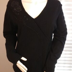 Liz Claiborne LizSport Black Long Sleeves V Neck Knitted Women's Sweater Size L